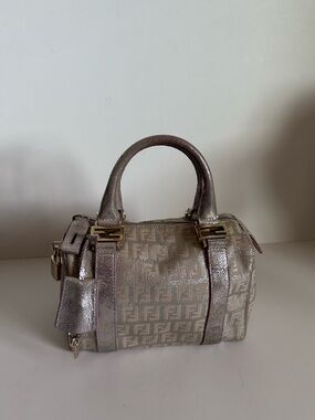 Fendi Metallic Taupe FF Logo Satchel with Gold Hardware